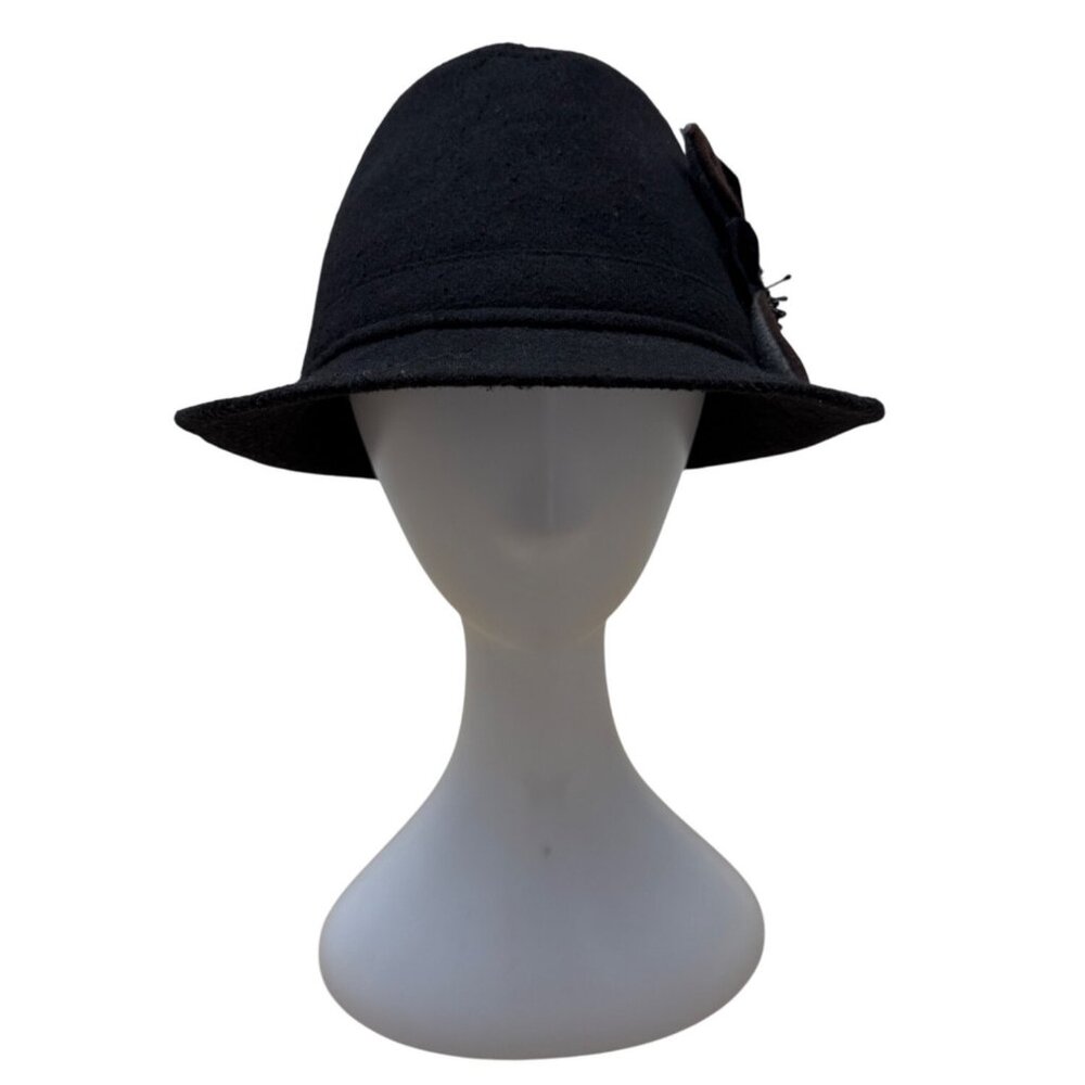 Black Cloche Hat With Brown Floral Accent & Bead Details - One Size